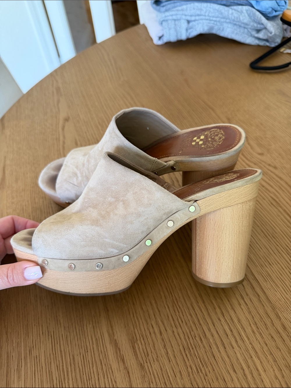 Vince Camuto Beige Suede Studded Platform Clogs